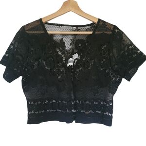 Black Floral Sheer Mesh Lace Crop Front Button Cardigan Blouse, Size S